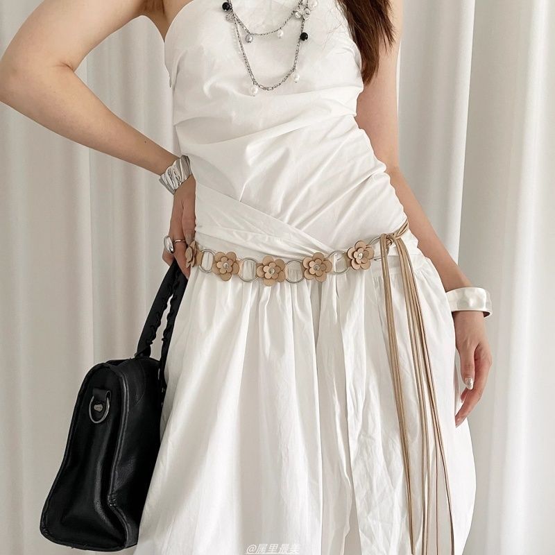 Alloy Floral Chain Waist Faux Leather