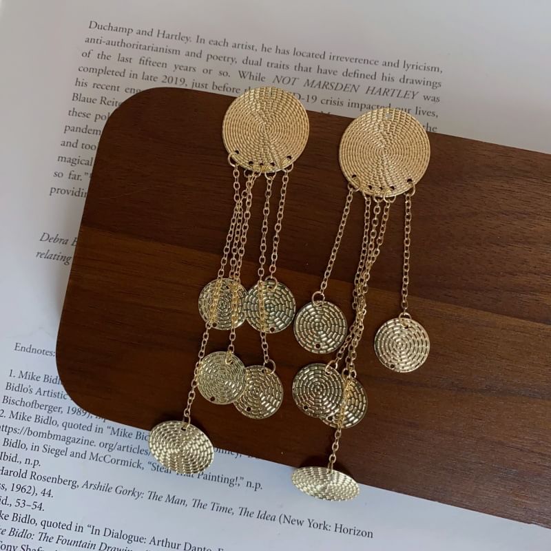 Chandelier Alloy Disc Fringed Earring Textured
