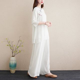 Ensemble : haut cheongsam boutonné à manches 3/4 et pantalon large uni taille haute
