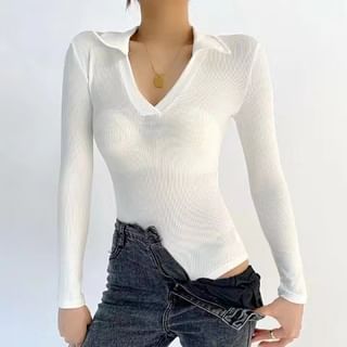 Long-Sleeve Plain Polo-Neck Ribbed Bodysuit Top
