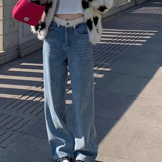 Jean large délavé bicolore taille haute