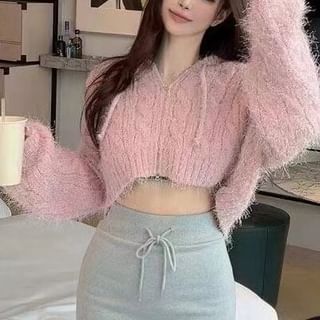 Cardigan court à capuche et fermeture éclair en maille torsadée en 6 couleurs