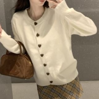 Heart-Button Round-Neck Cardigan