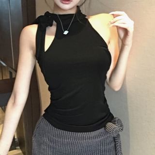 Pencil Flower Waist Low / Skirt Top Mini Halter Detail Mock Neck Plain