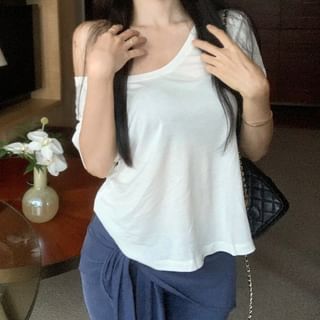 T-Shirt Pants High Shoulder Crop / Plain Overlay Off Yoga Waist Skirt Short-Sleeve