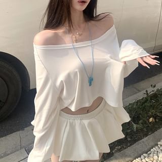 Mini Shoulder Skirt Off Plain A-Line Long-Sleeve Crop T-Shirt /