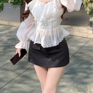 Plain Pencil Front Trim Lace Long Skirt Blouse Ruffle V-Neck Tie Sleeve Mini /