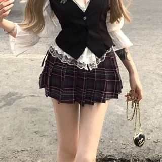/ Trim Cami Mini Plaid Striped Button-Up Skirt Blouse Waist Plain Pleated Puff-Sleeve Top High Lace A-Line