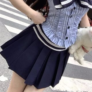 Sleeveless Blouse A-Line Pleated Bow Skirt Striped High Rise Mini Collar /