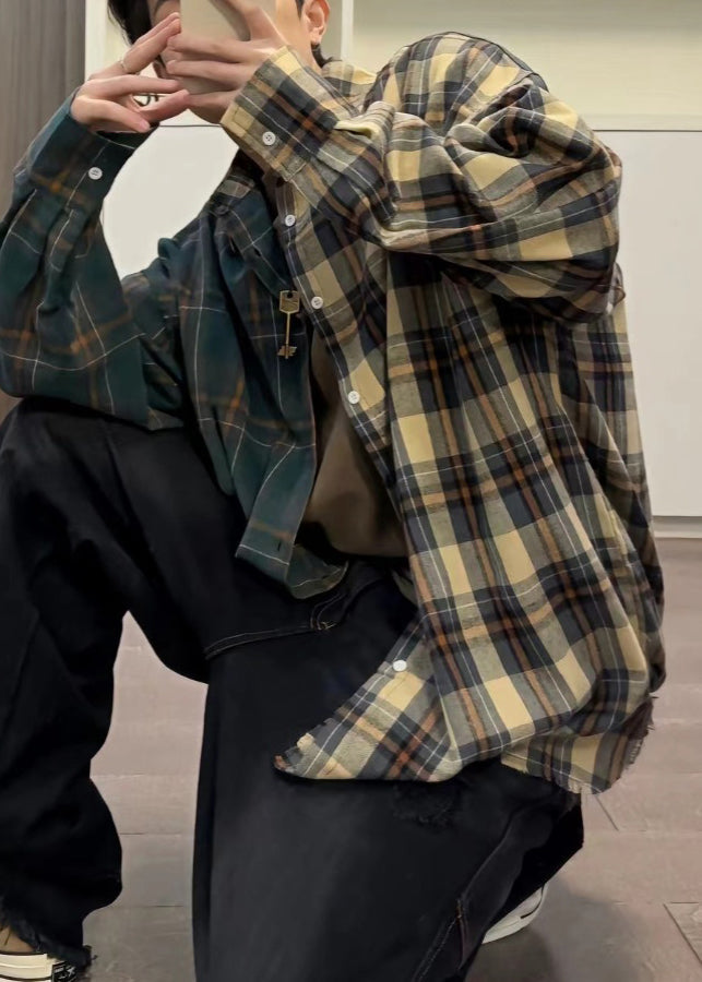 Shirts Loose Plaid Asymmetrical Spring Cotton Mens Button