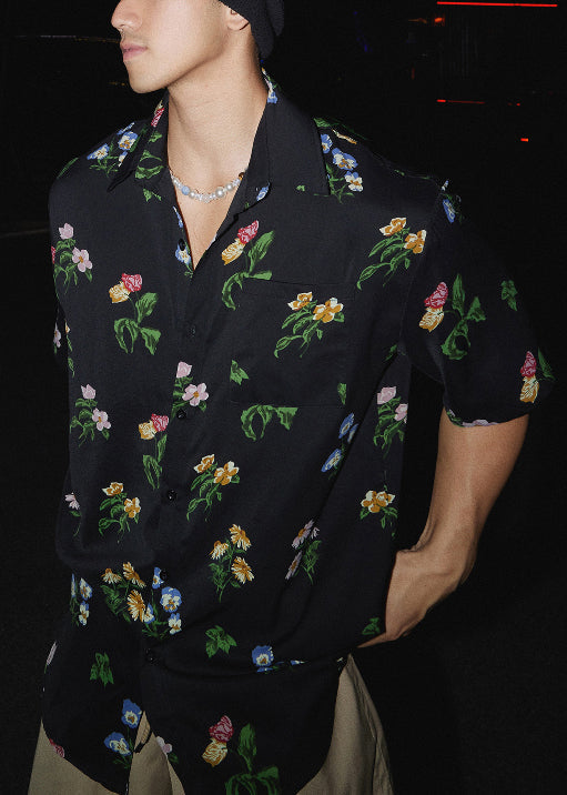 Pan Peter Loose Men Print Collar Black Summer Shirt Cotton