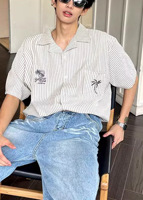 Loose Collar Summer Pockets Striped Shirts Cotton Mens Pan Peter