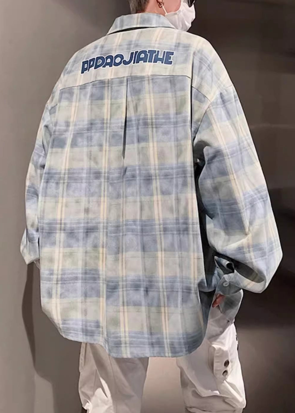 Spring Pan Yellow Cotton Shirt Collar Men Loose Pockets Peter Plaid