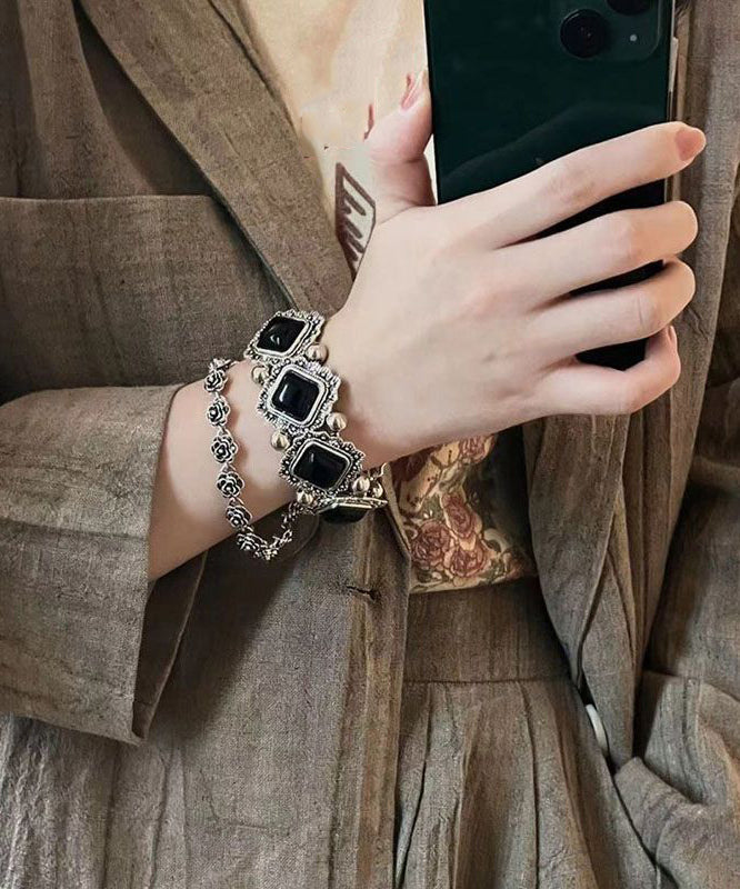 Floral Sterling Two-Piece Stone Silver Set Bracelet Chain Black Modern Gem