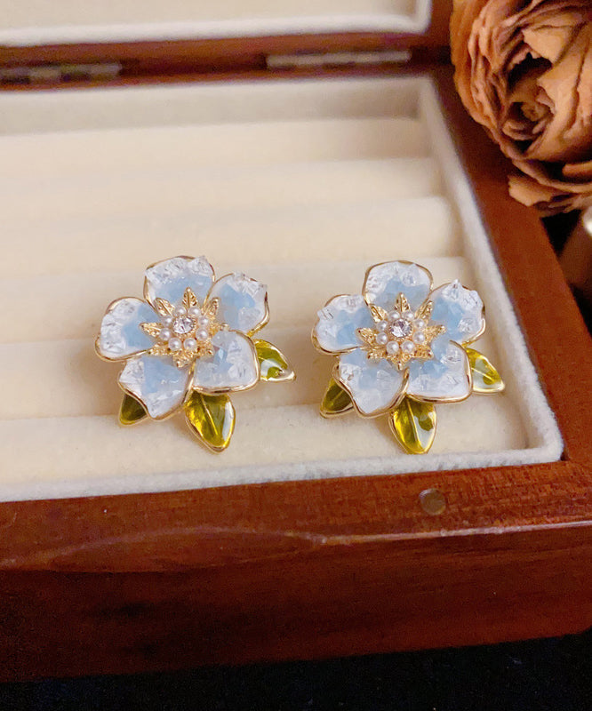 Earrings Overgild Camellia Blue Stud Modern Pearl Zircon Sterling Silver