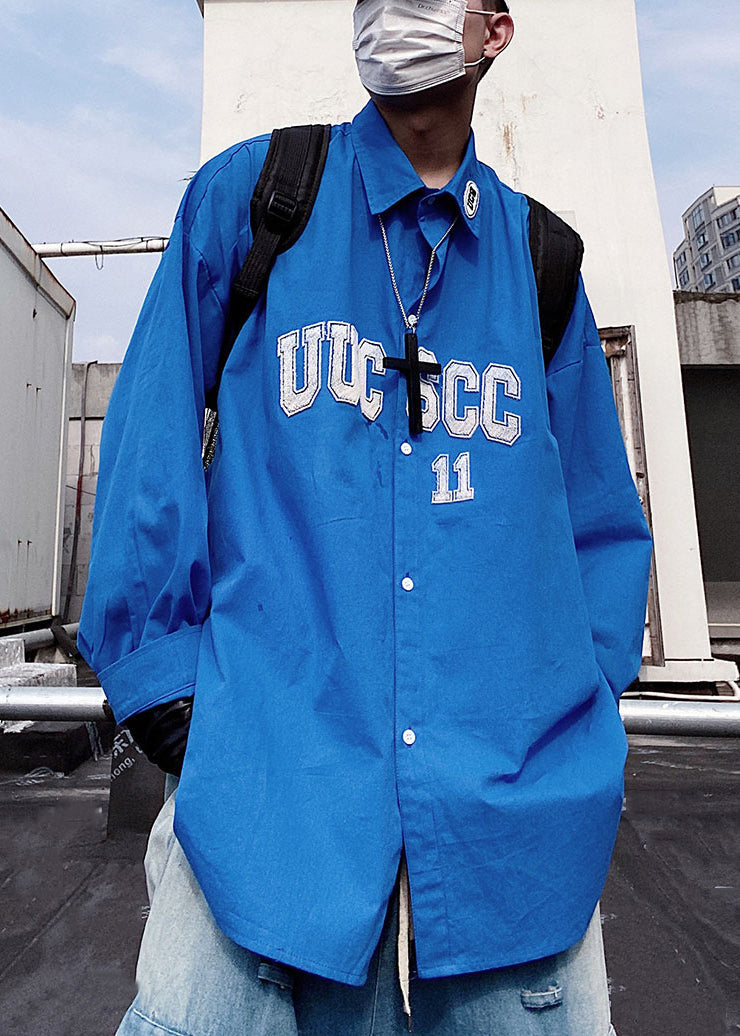 Shirts Oversized Letter Button New Blue Cotton Mens Spring