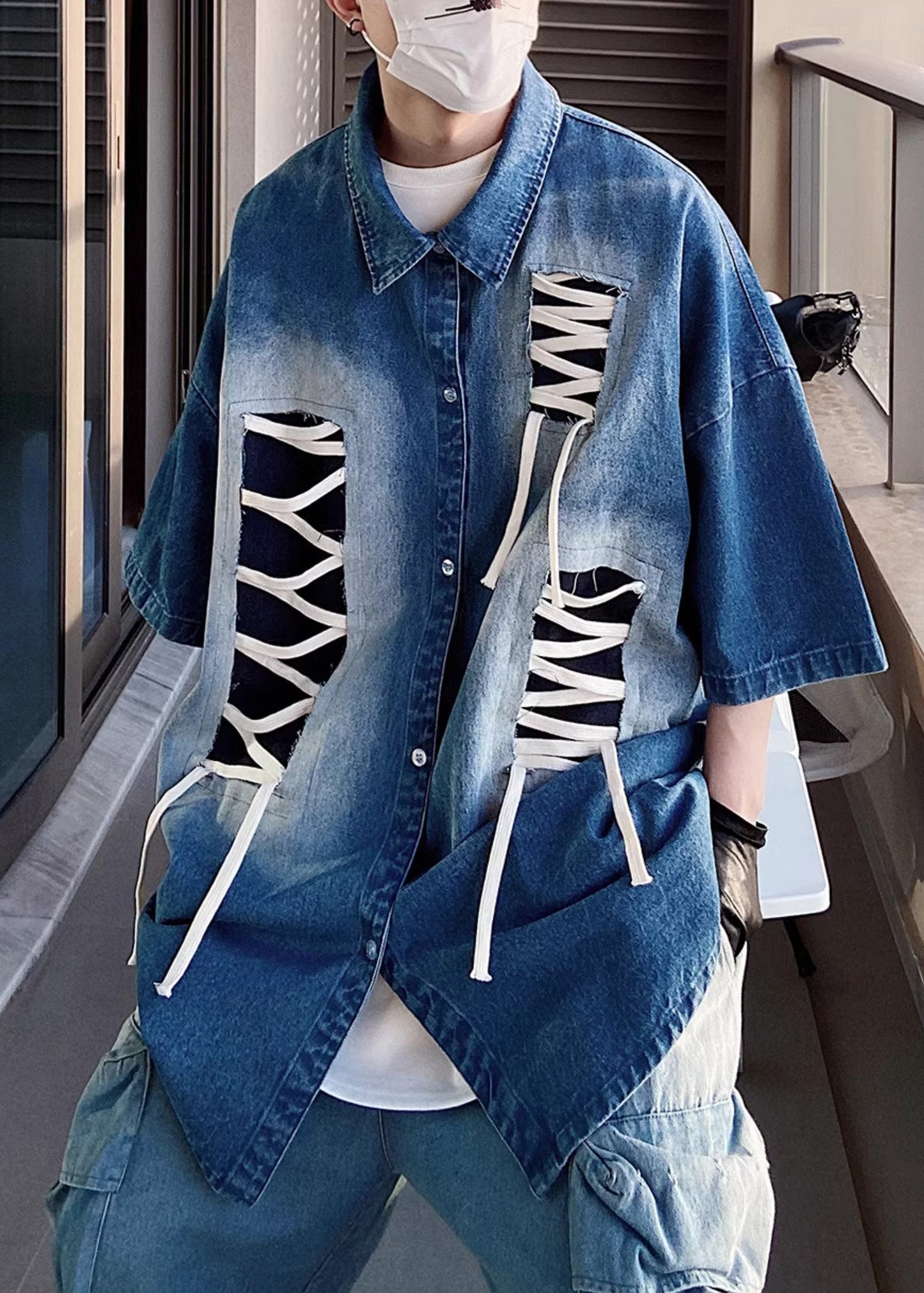 Blue Plus Shirts Men Patchwork Original Half Design Sleeve Size