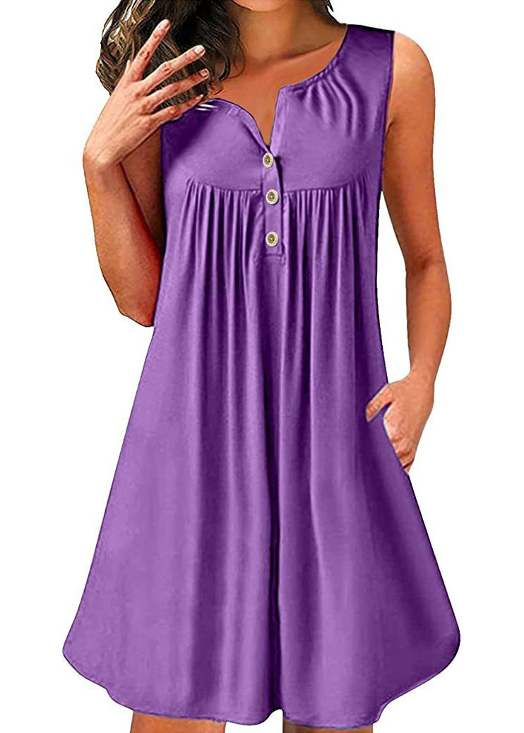 Neck Sleeveless Mid Red V Plus Dress Wrinkled Size Cotton