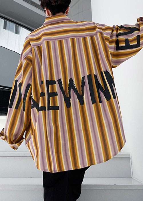 Striped High Spring Yellow Design Cotton Low Shirt Men Plus Letter Size