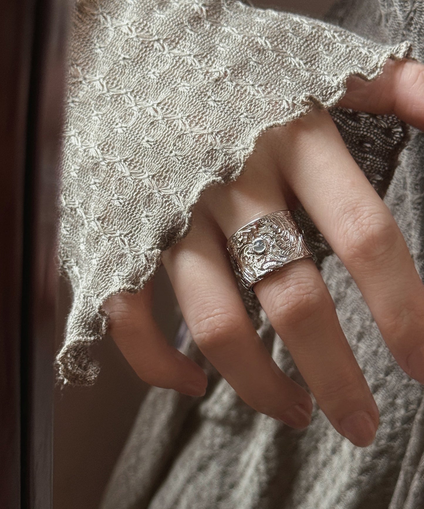 Silver Retro Jade Open Rings Silk Sterling