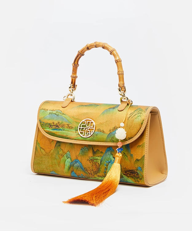 Bag Tassel Tote Print Retro Yellow Decorated Silk