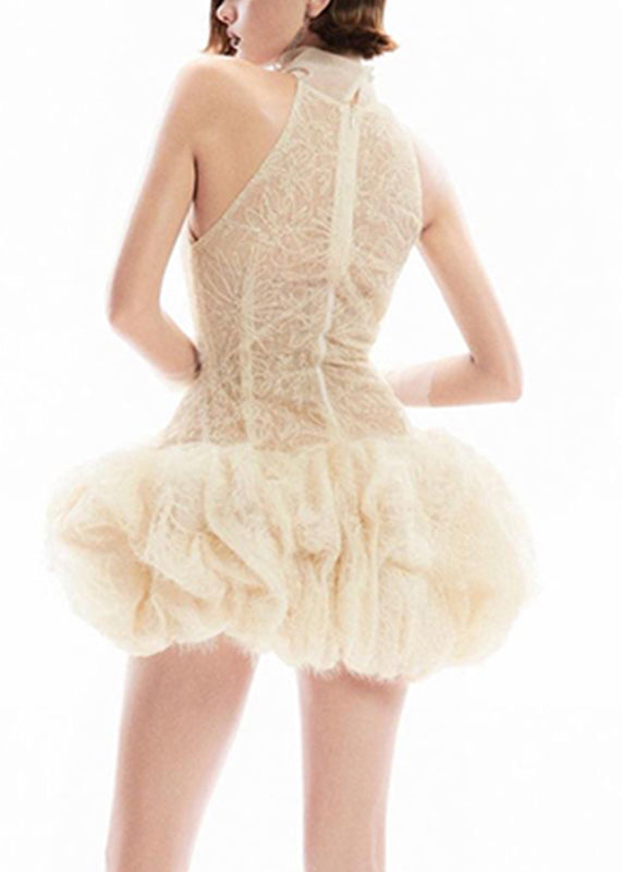 Dress Turtleneck Sexy Sleeveless Apricot Mid Patchwork Lace