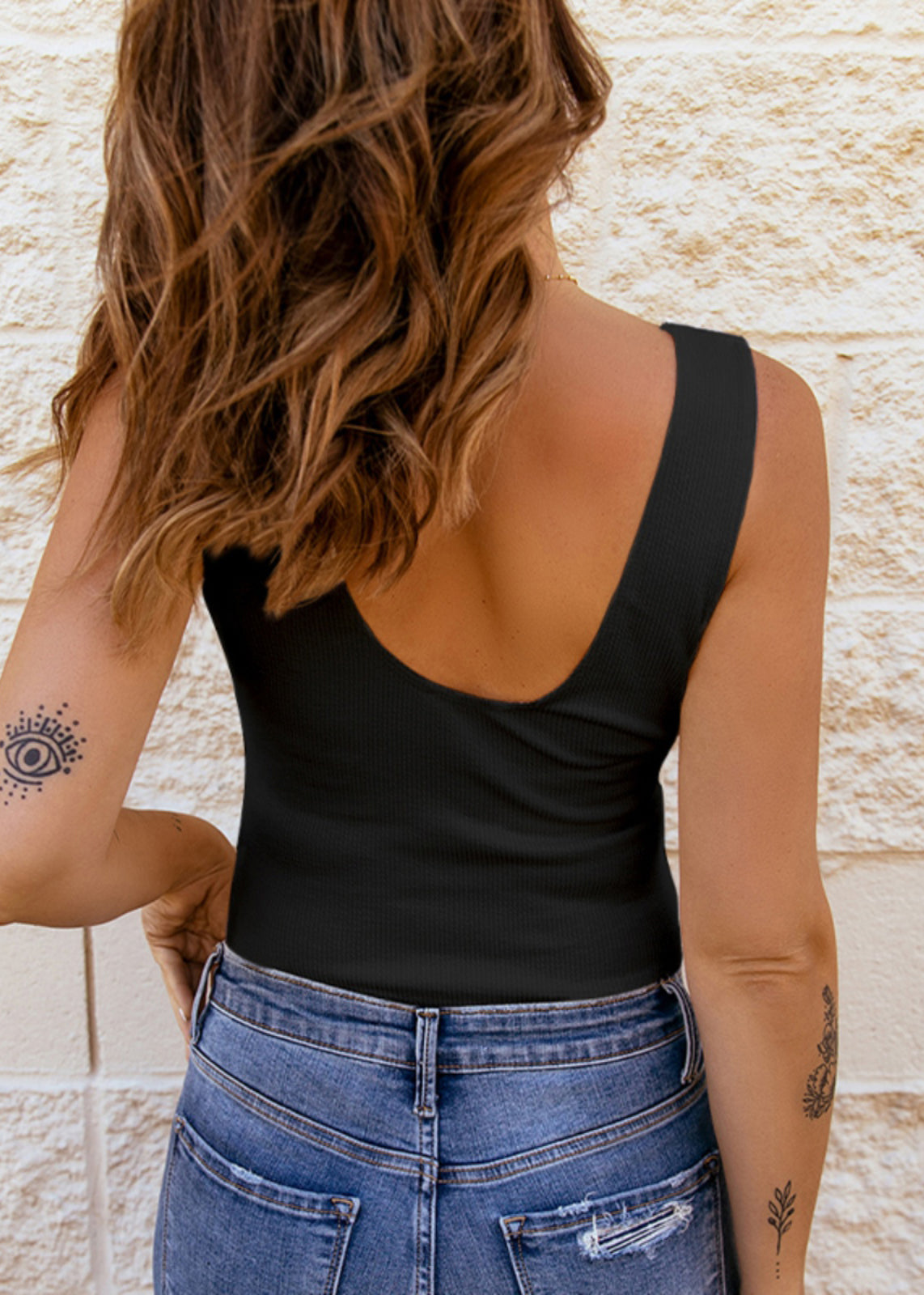 Neck Lace Tank Fit Slim Sleeveless Patchwork Black V