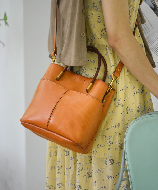 Style Large Durable Leather Orange Handbag Tote