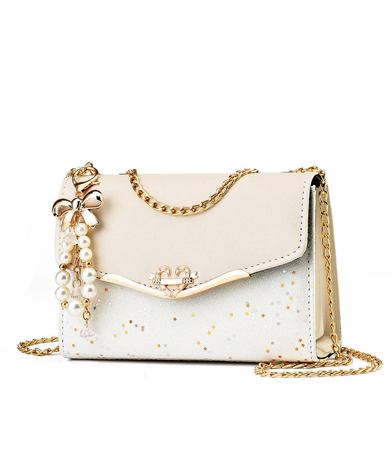 Faux Flap Leather Linked Stylish Chain Bag Beige