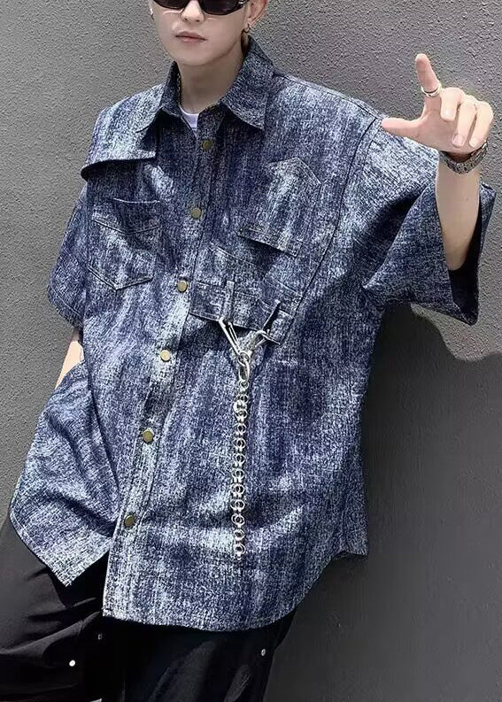 Half Shirts Tie Chain Sleeve Denim Dye Linked Mens Stylish Blue
