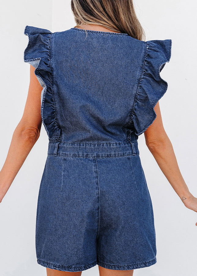 Stylish Ruffled Sleeve Short Denim O-Neck Jumpsuit Zippered Navy