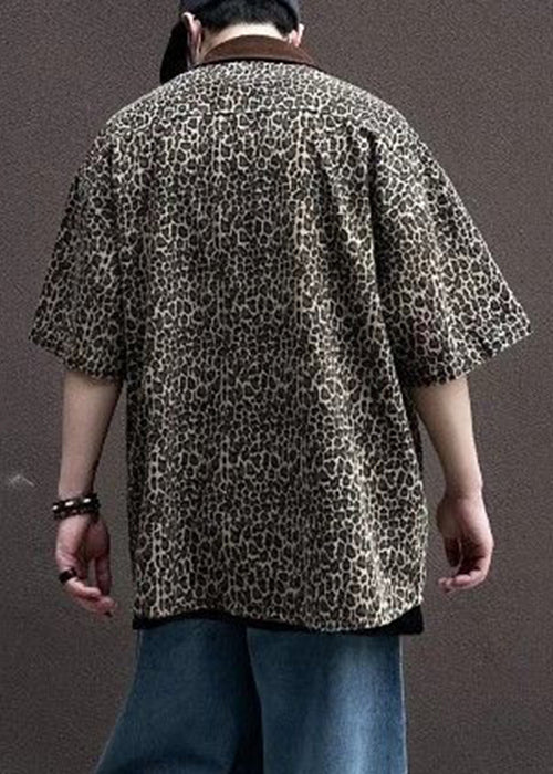 Men Patchwork Shirts Corduroy Sleeve Pockets Half Leopard Unique