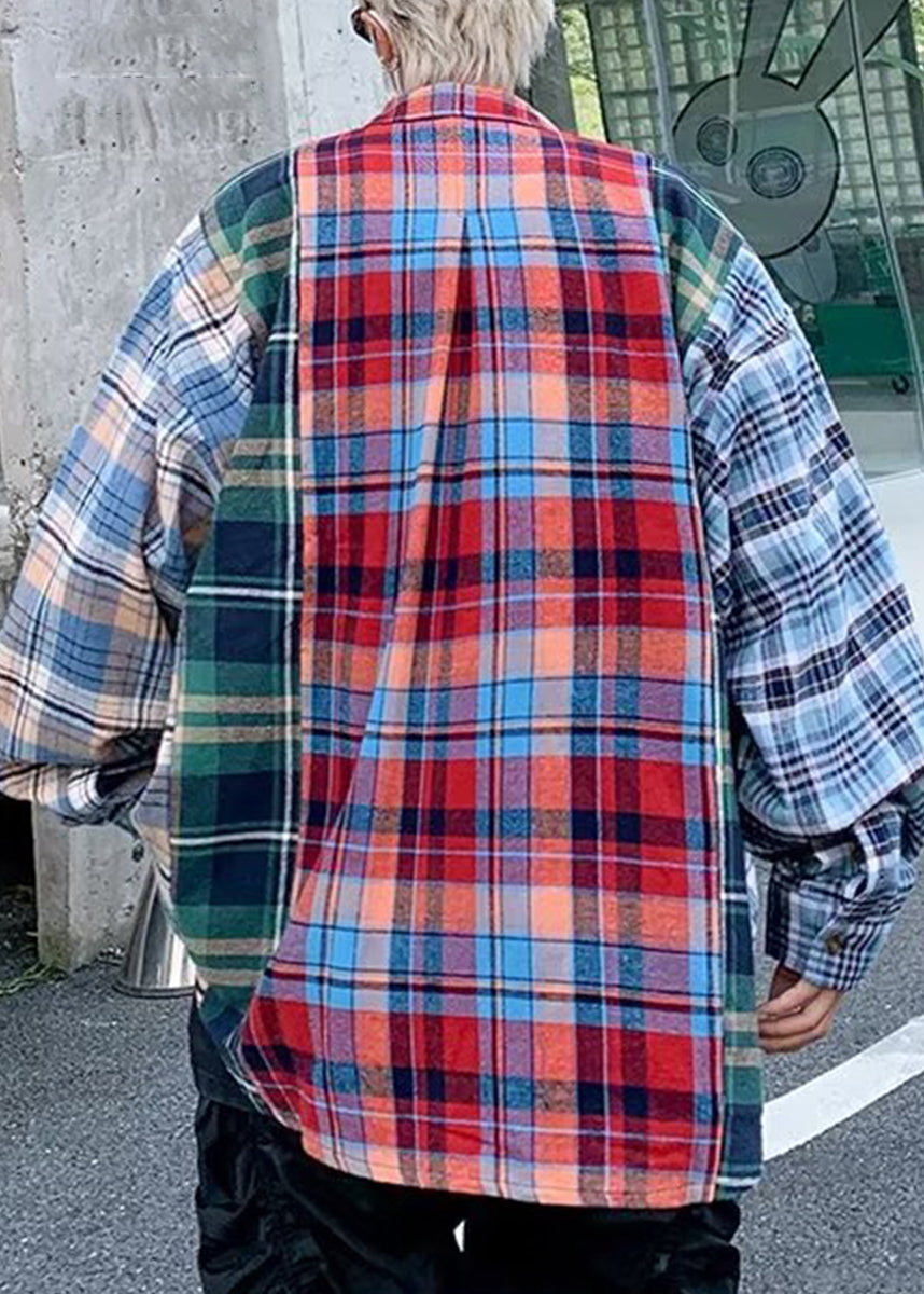 Collar Men Patchwork Pan Unique Peter Shirts Plaid Cotton Spring