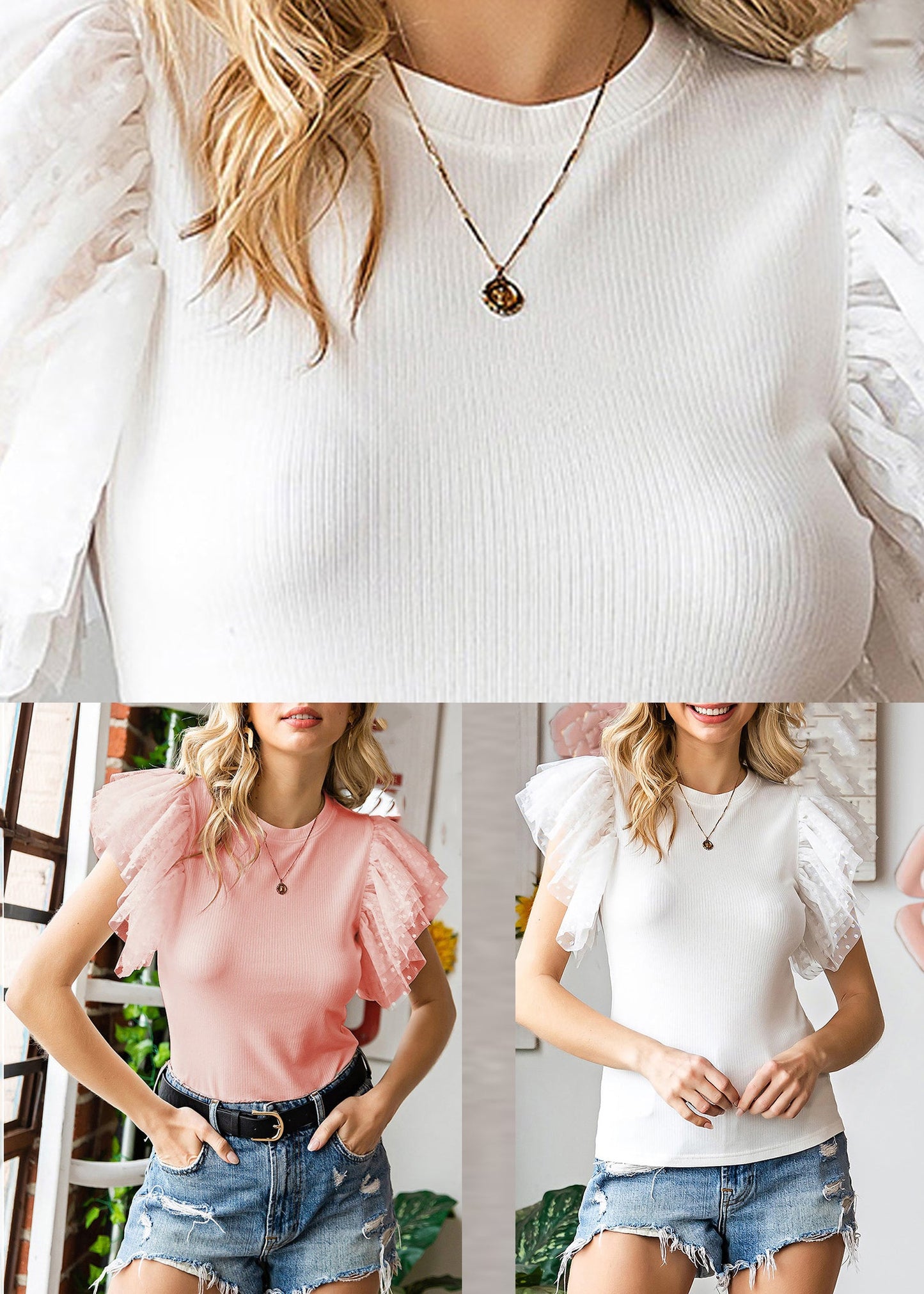 White Top Flare Knit Solid O-Neck Sleeve