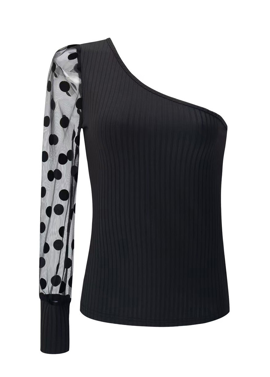 2025 Sleeved Shoulder Black Single Top Women Patchwork