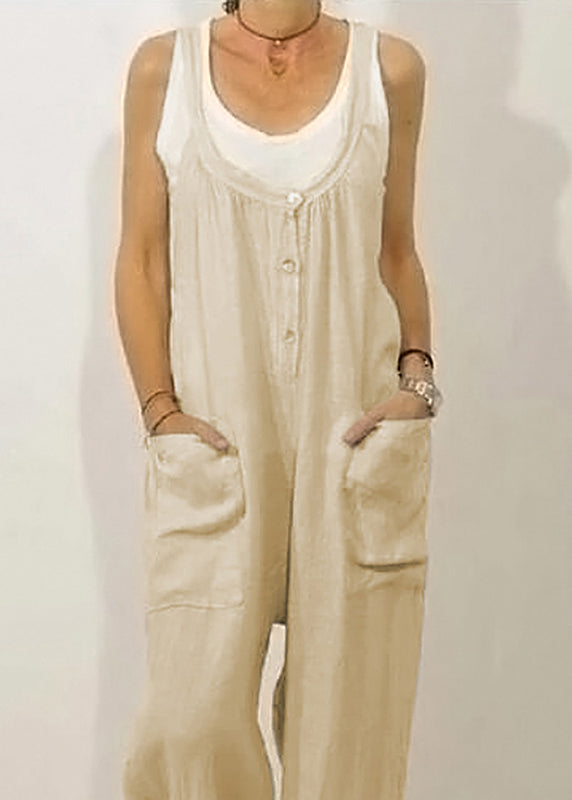Khaki Button Women Sleeveless Jumpsuits Solid O-Neck