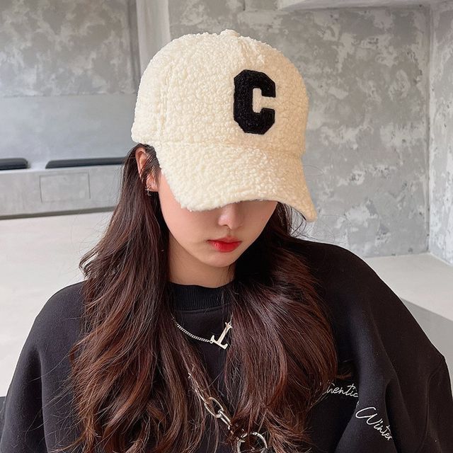 Cap Shearling Lettering Applique Baseball Faux