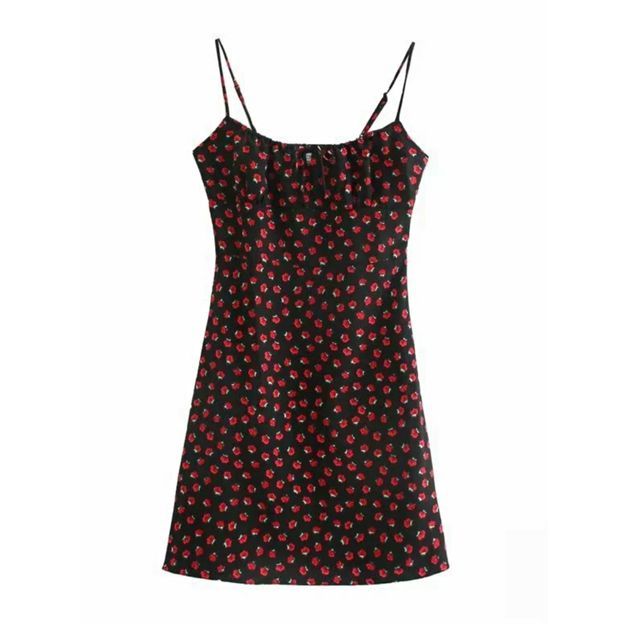 Strap / Midi Slim-Fit Rose Print Sleeveless Mini Dress Floral Spaghetti