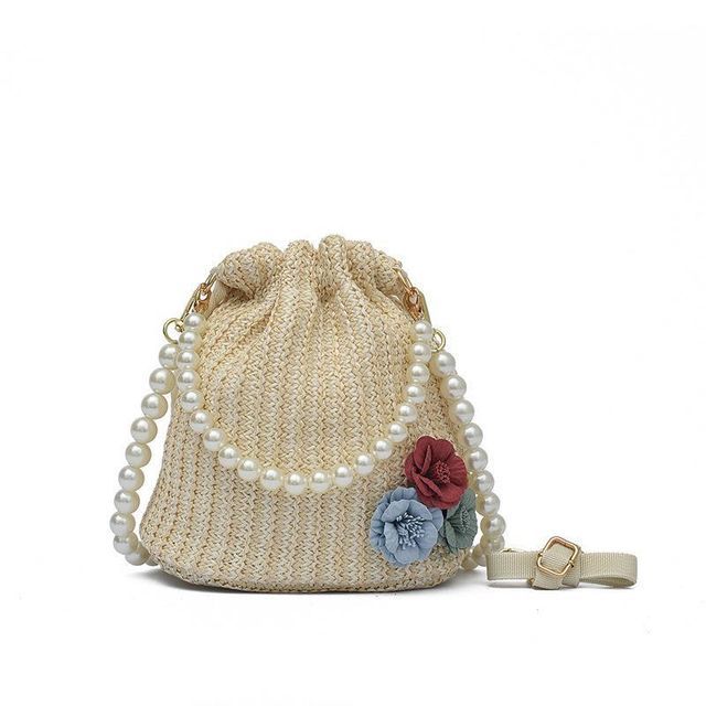 Bucket Pearl Faux Bag Woven Strap