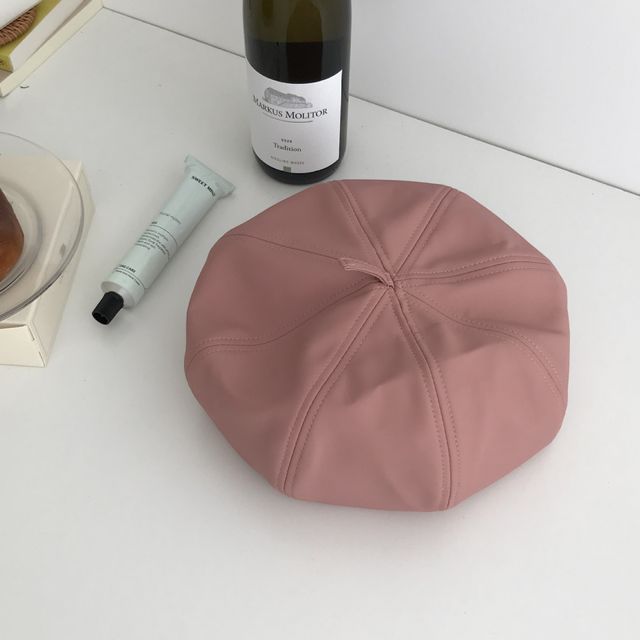 Faux Beret Plain Leather Hat
