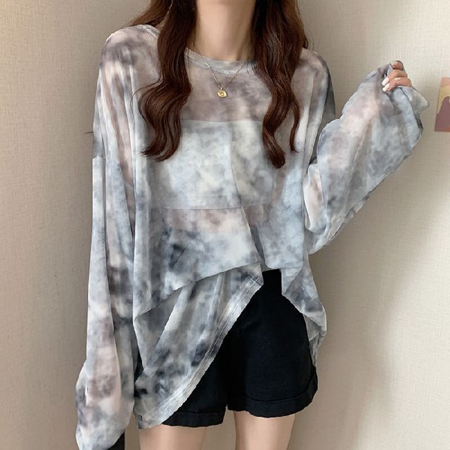 Neck Tee Long-Sleeve Dye Crew Mesh Oversized Tie