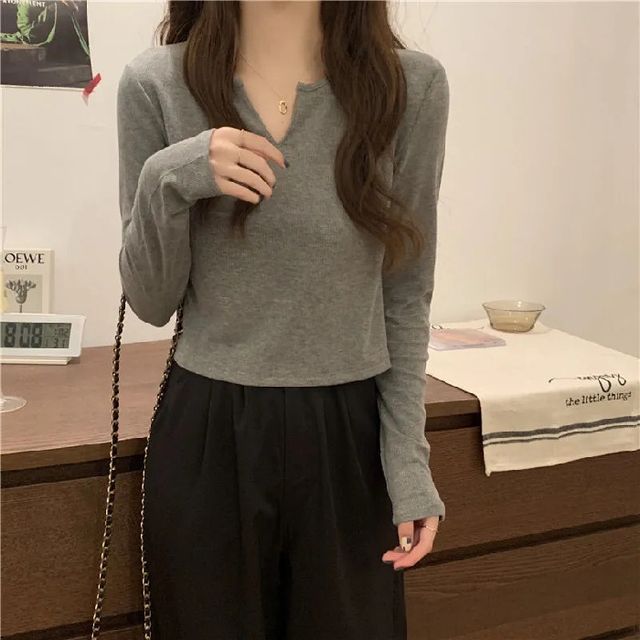 T-Shirt Notch Long-Sleeve Neck Plain