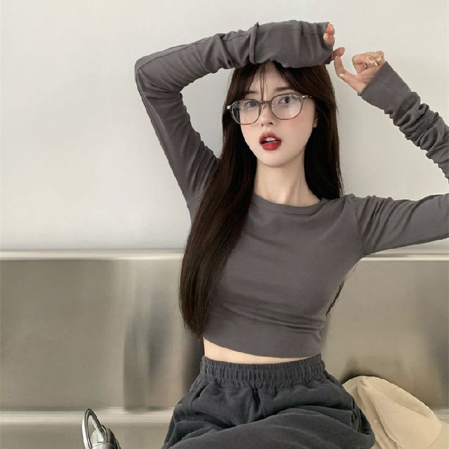 Neck Long-Sleeve Slim Round Crop Tee Fit Plain