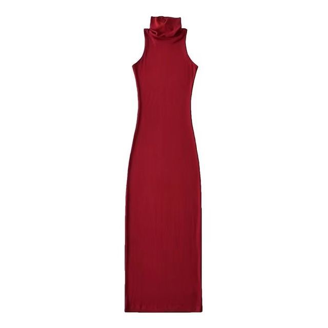 Turtleneck Plain Dress Sleeveless Slim-Fit