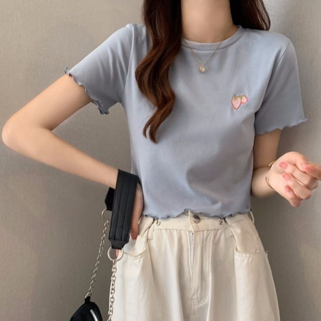 Crop Short-Sleeve Embroidered T-Shirt Crew Neck