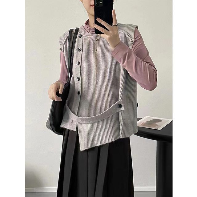 Sweater Neck Button-Up Hem Crew Plain Vest Asymmetrical