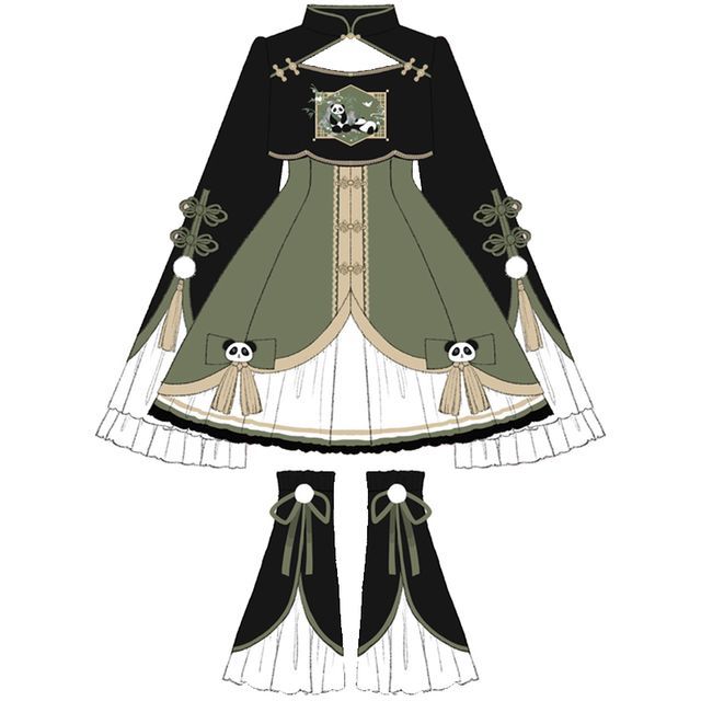 Chemisier court brodé panda à manches évasées Lolita / Robe chasuble à nœud bicolore / Jambières à volants / Ensemble