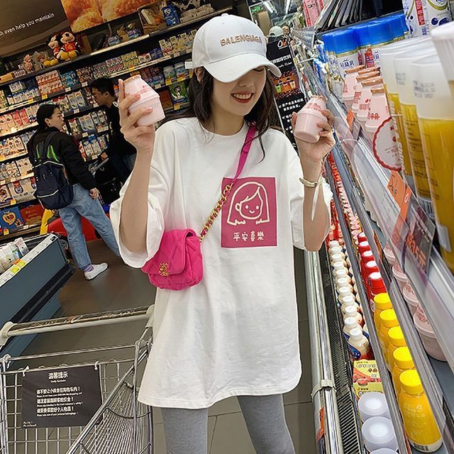 Crew Cartoon T-Shirt Elbow-Sleeve Neck Print