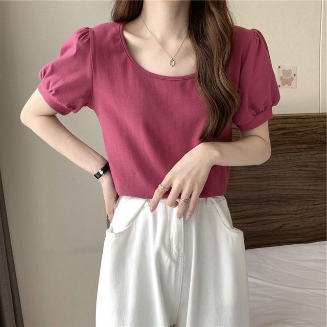 Puff-Sleeve T-Shirt Scoop Plain Neck
