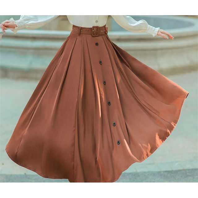 Chemisier brodé à fleurs à manches longues et col / Jupe trapèze mi-longue plissée à taille haute avec ceinture / Ensemble